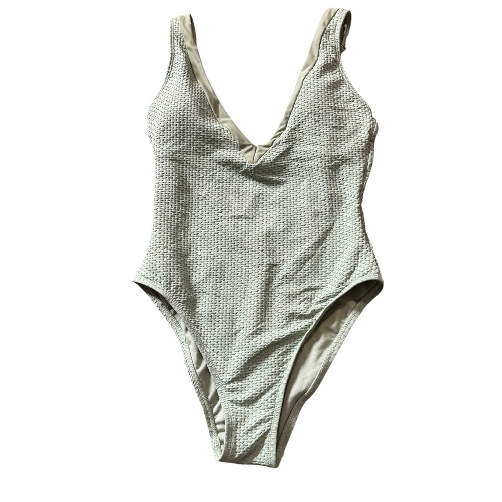 Sanctuary Swim Sashay Plunge One Piece Swimsuit Sage Green Metallic Textured S - Picture 7 of 13